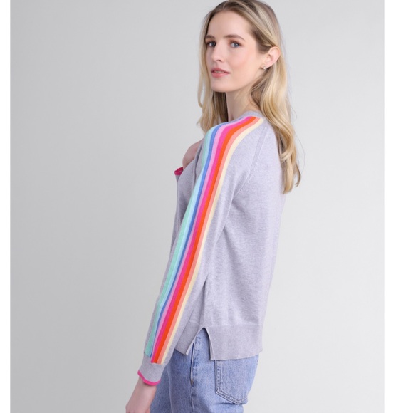 Alashan Cashmere Bowie Stripe Raglan Gray Cotton Cashmere Crewneck Sweater Large - Picture 2 of 7